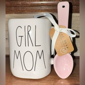 🥰 Rae Dunn GIRL MOM Coffee Mug & Spoon Set, 18 Oz Ceramic Tea Cup, Gift for her